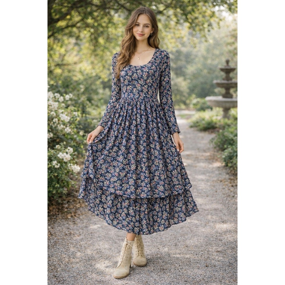 Vintage Dress To Kill Jane‎ Mohr Floral Navy Floral Dress Cottagecore Grannycore